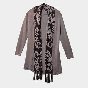 High Secret Open Front Scarf Cardigan Taupe M Neutral Boho Fringe Art To Wear